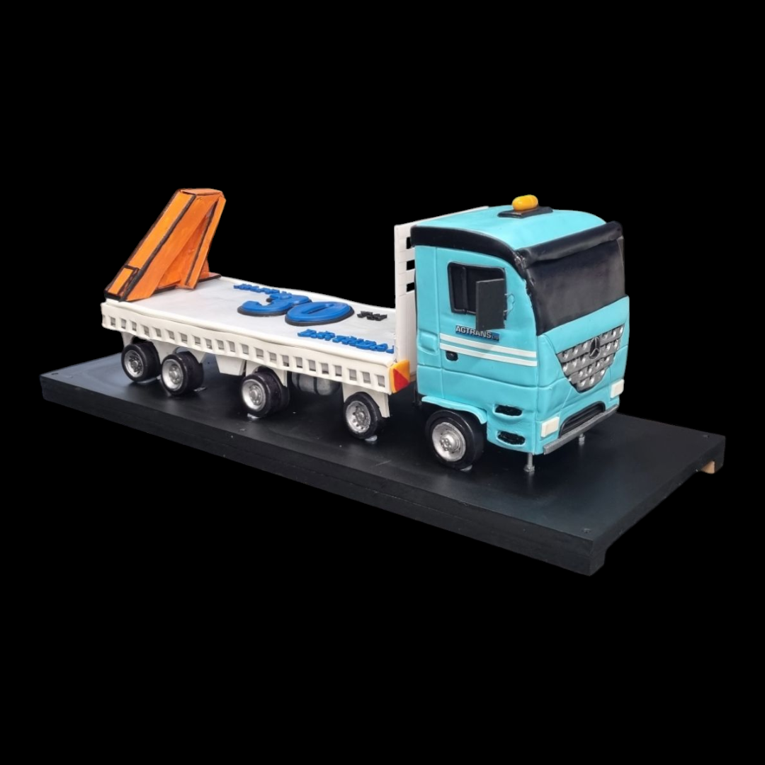 Custom sculpted truck cake featuring a detailed turquoise cab, white flatbed trailer, and celebratory '30' design, perfect for milestone events, displayed on a black base with a sleek black background."